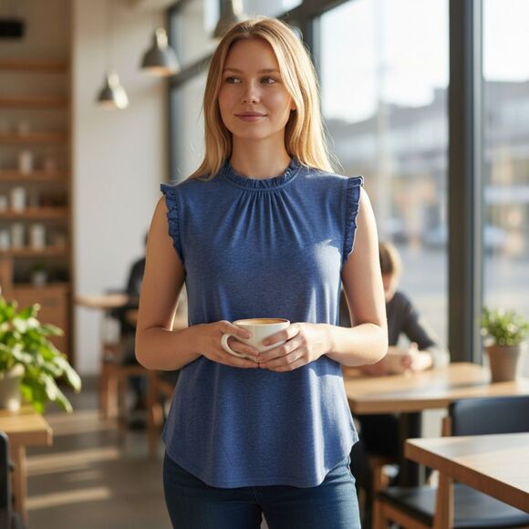 Lomon Lady's Fashion Blue Ruffled Sleeve Crew Neck Sleeveless Top - NWT - Picture 3 of 7